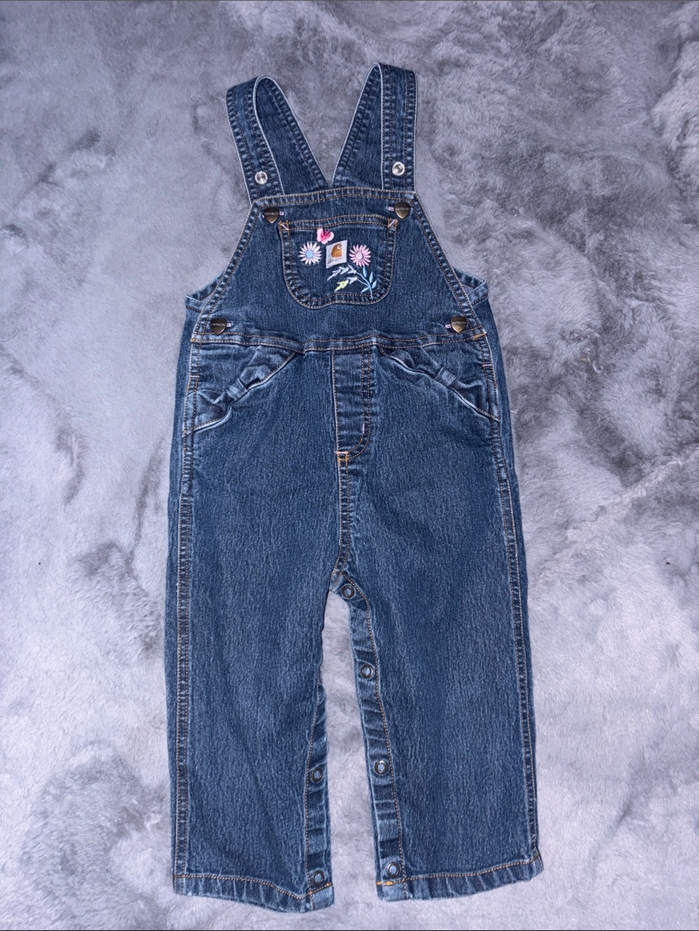 Carhartt Blue Denim Kids Overalls with Embroidered Floral Pocket